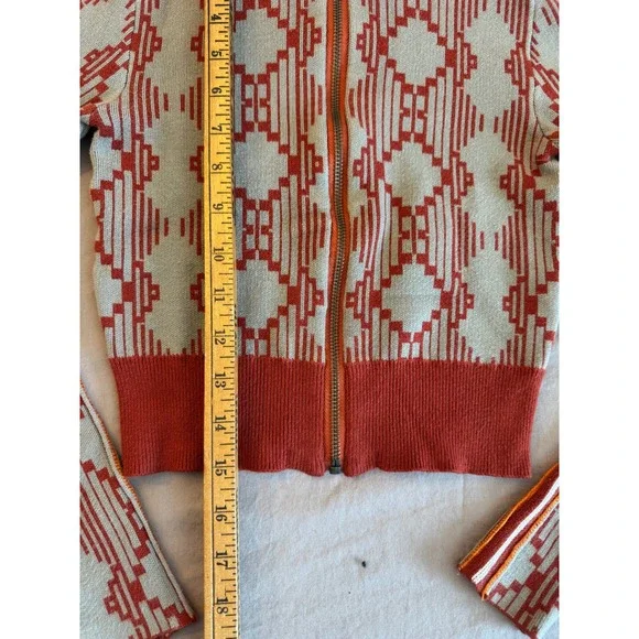 BDG Chandler Geometric Zip-up Sweater Knit Red Mock Neck Cropped Seen on TV Cozy - Picture 9 of 13